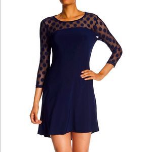 Nina Leonard Mesh Polka Dot Navy Blue Swing Dress 3/4 Sleeves